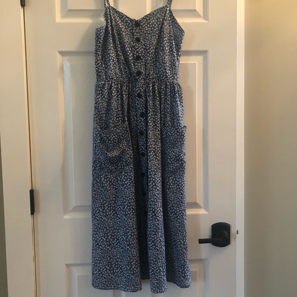 Calf length blue and white summer dress